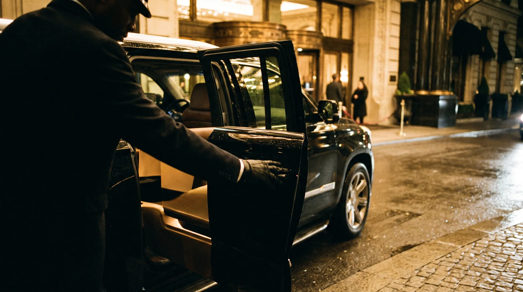 A chauffeur's hand opening the rear door of a black SUV at a hotel entrance at night